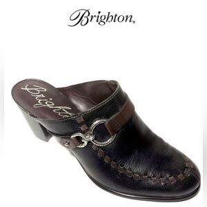 New Brighton Shoes Womens Sz9M Gemini Mules Blk/Brown Leather Block Heel SlipOns